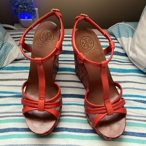 Tory Burch Red Wedge Sandals with T-Strap